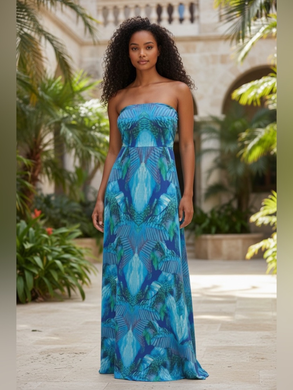 Tart Blue and Green Patterned Maxi Dress